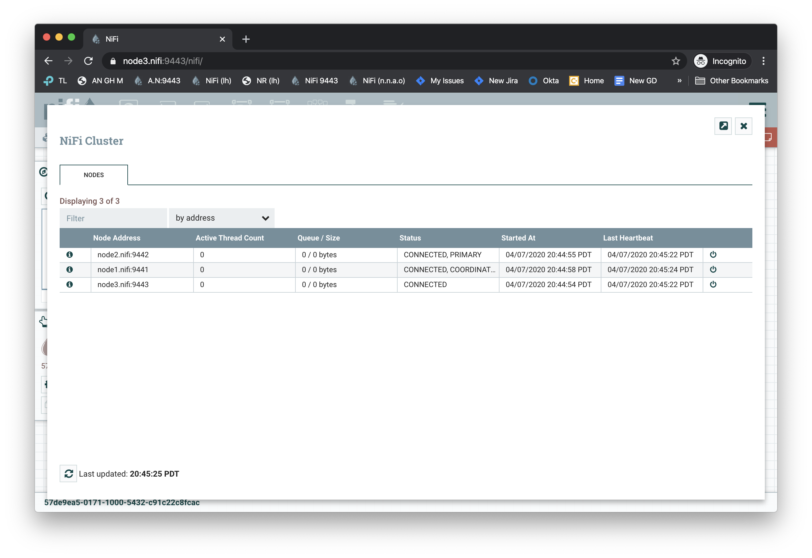 NiFi secure cluster status pane