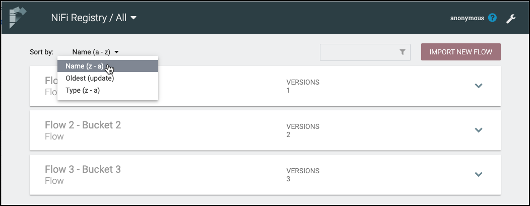 Flows Sort Menu